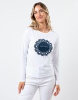 Long Sleeve Tee - White with Navy Doily - Stella + Gemma