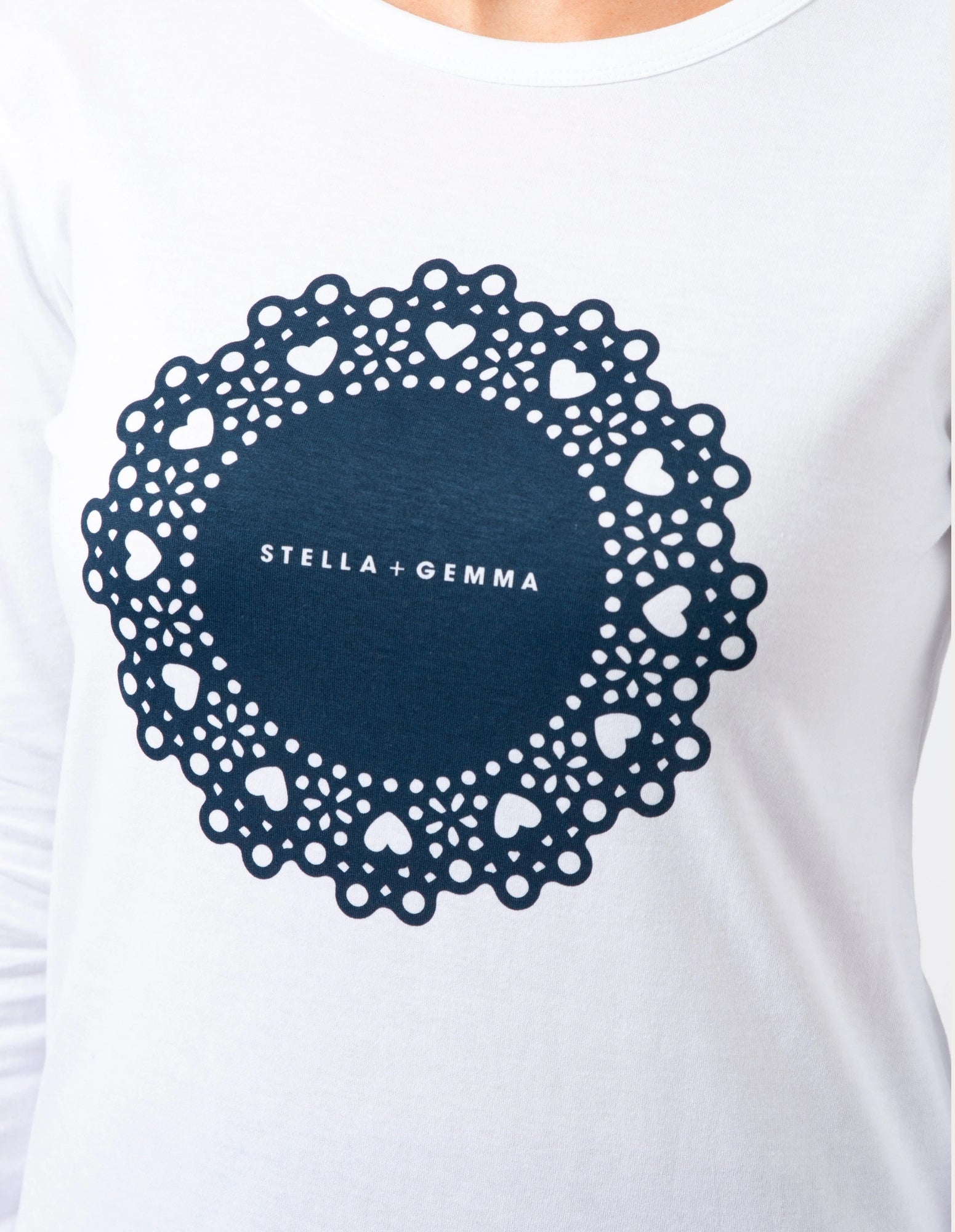 Long Sleeve Tee - White with Navy Doily - Stella + Gemma