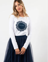 Long Sleeve Tee - White with Navy Doily - Stella + Gemma