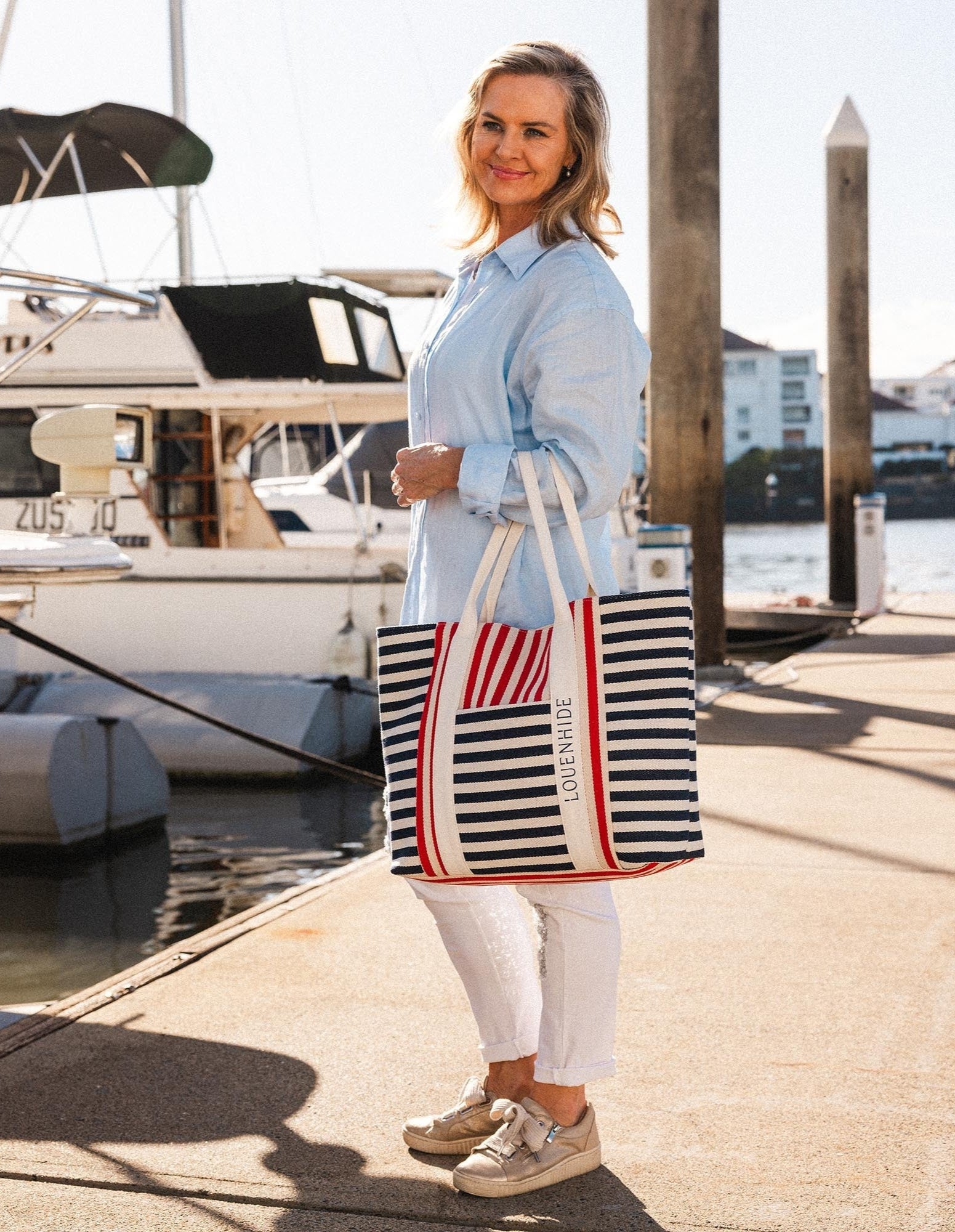 Sorrento Canvas Beach Bag - Navy Red Stripe - Louenhide